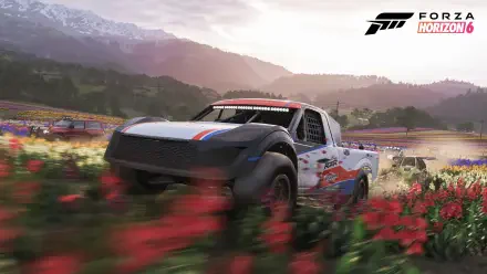 Forza Horizon 6 video game 4K Ultra HD PC desktop wallpaper/background: off-road racing truck charging through a flower-filled meadow toward mountains under a glowing sunrise.