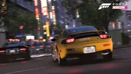 Forza Horizon 6 4K Ultra HD PC wallpaper: yellow sports car drifting through neon-lit city streets at night, motion blur and other cars, game logo visible in the top-right.