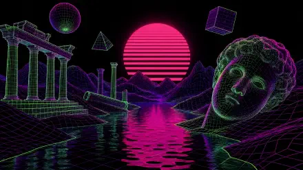 Acidwave 4K Ultra HD PC desktop wallpaper and background: neon wireframe ruins, classical bust, floating geometric shapes and a magenta striped sun reflected on grid water.