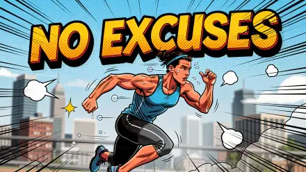 Comic-style 4K Ultra HD PC desktop wallpaper of a determined runner sprinting through a cityscape beneath a bold yellow-and-red NO EXCUSES headline.