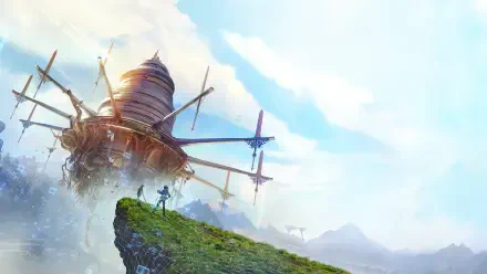 4K Ultra HD PC wallpaper of the video game Sword Art Online: Echoes of Aincrad — a lone player on a grassy cliff overlooking a massive floating fortress airship beneath a bright sky