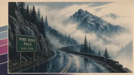 Foggy mountain pass with Pine Ridge Pass sign, wet winding road through misty pines toward a distant peak — 4K Ultra HD PC desktop wallpaper/background.