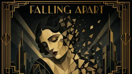Art Deco portrait titled Falling Apart of a woman's face fracturing into geometric shards against a stylized cityscape — 4K Ultra HD PC desktop wallpaper/background.