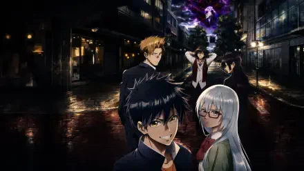 Psyren (Anime) 4K Ultra HD PC desktop wallpaper: characters on a wet city street at night — black‑haired teen front and center, silver‑haired girl with glasses, purple energy looming.