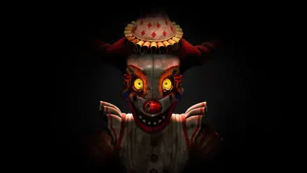 HD PC desktop wallpaper and background of a sinister clown animatronic from Five Nights at Freddy's: Secret of the Mimic, glowing yellow eyes and cracked paint emerging from darkness.