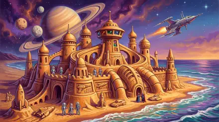 5K Ultra HD PC Desktop Wallpaper and Background: ornate fantasy sandcastle on a sunlit beach with domed towers, carved arches, distant planets and a sleek spaceship streaking across a colorful sky.