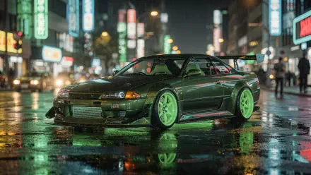 4K Ultra HD PC desktop wallpaper and background: JDM dark-green sports coupe with neon-green rims parked on a wet, neon-lit city street at night.