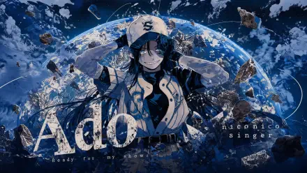 I don't know who this person is. Alt: Anime-style singer in a blue cap and jacket smirks amid floating rock shards around a fractured Earth, stylized text and 4K Ultra HD PC desktop wallpaper.