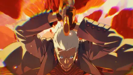 Devil May Cry (2025) 4K Ultra HD PC wallpaper: white-haired demon hunter hoists a blazing sword overhead, fierce glare, red-orange inferno background and dynamic anime-style action.