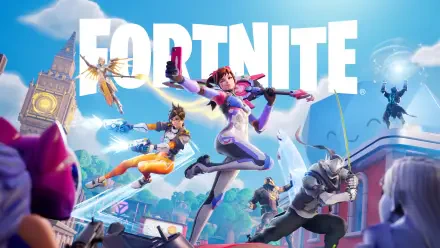 Fortnite Battle Royale characters leaping into action across a colorful cityscape — vibrant 4K Ultra HD PC desktop wallpaper background.