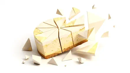 Minimalist cheesecake with a sliced wedge and scattered geometric shards on a white field — 4K Ultra HD PC desktop wallpaper and background.