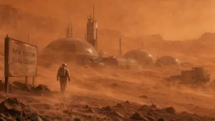 4K Ultra HD PC desktop wallpaper and background showing a futuristic Mars colony: domed habitats, solar arrays and rovers spread across a red rocky plain beneath a vast, starry sky.