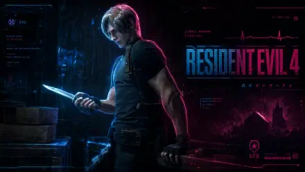 Resident Evil 4 4K Ultra HD PC desktop wallpaper and background: Leon S. Kennedy aiming a handgun in a foggy, dilapidated village with dramatic lighting and high-detail textures.