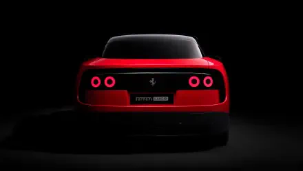 Rear view of a red Ferrari Luce with four glowing round taillights against a dark backdrop — 4K Ultra HD PC desktop wallpaper