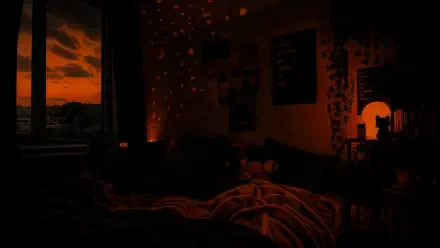 Sleepcore 4K Ultra HD PC Desktop Wallpaper & Background: dim bedroom in orange sunset glow, starry projector specks on walls, rumpled bed and posters creating a cozy nocturnal mood.