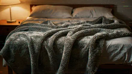 4K Ultra HD PC desktop wallpaper of a rumpled bed lit by a warm bedside lamp, soft textured cozy blanket draped over sheets and pillows.