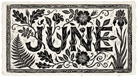 Vintage black-and-white woodcut reading JUNE framed by ferns, flowers and ornate border — 5K Ultra HD PC desktop wallpaper/background.