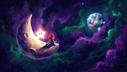 Mario and a Luma sit on a crescent moon, gazing at a colorful planet amid purple-green nebulae — The Super Mario Galaxy Movie 4K Ultra HD PC desktop wallpaper.