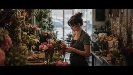4K Ultra HD PC desktop wallpaper and background: cozy flower shop interior with a florist arranging blooms at a workbench, soft natural light through the front windows.