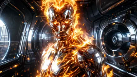 4K Ultra HD PC desktop wallpaper showing a metallic fire elemental — a humanoid wreathed in molten flames inside a sleek futuristic engine room.
