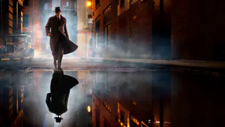 Spider-Man Noir (2026) Spider-Man in a trench coat and fedora walks a rain‑slick alley, reflected in a puddle — moody 4K Ultra HD PC desktop wallpaper background.