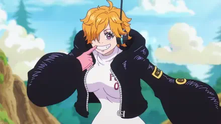 Anime One Piece HD PC desktop wallpaper of Lilith (One Piece): smiling short-blonde woman in a black fur jacket over a white top, with a bright sky and cliffs background.