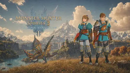 Monster Hunter Stories 3: Twisted Reflection video game art showing two armored riders and a wyvern on a grassy ridge with mountains and clouds — 4K Ultra HD PC desktop wallpaper/background.