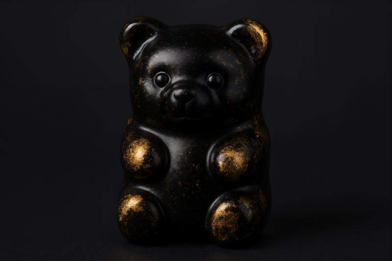 {{ HD PC desktop wallpaper/background: close-up of a glossy black gummy bear with gold-highlighted ears and paws on a dark backdrop.