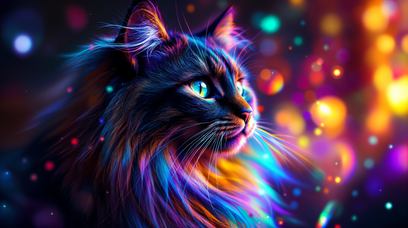 {{ Vibrant neon Maine Coon portrait with flowing fur and multicolored bokeh lights — 4K Ultra HD PC desktop wallpaper. 
