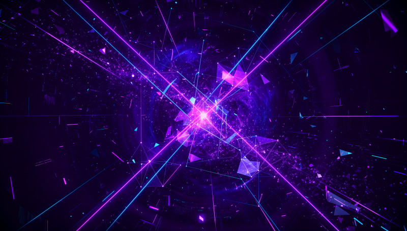 {{ Abstract purple 4K Ultra HD PC desktop wallpaper showing a glowing fragmented nebula with intersecting magenta and cyan neon beams radiating from a shattered central core.