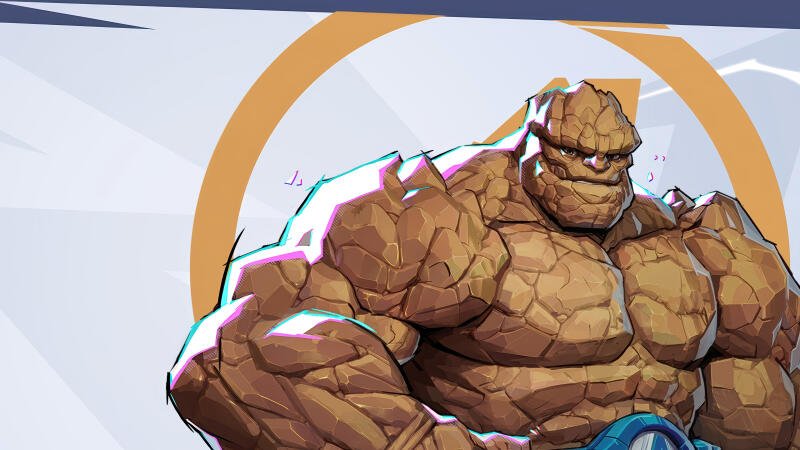 {{ Thing (Marvel Comics) from Marvel Rivals: rocky, muscular hero against a stylized white backdrop with a golden ring — 4K Ultra HD PC desktop wallpaper.