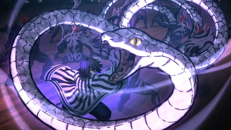 {{ Anime HD PC desktop wallpaper/background: Obanai Iguro from Demon Slayer: Kimetsu no Yaiba, entwined with his white snake amid swirling purple light and shadow. 