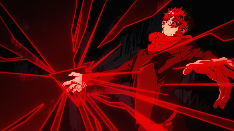 {{ Anime 4K Ultra HD PC wallpaper: Yuji Itadori (Jujutsu Kaisen 3rd Season) lunges forward as crimson, shard-like energy radiates and fractures around him.