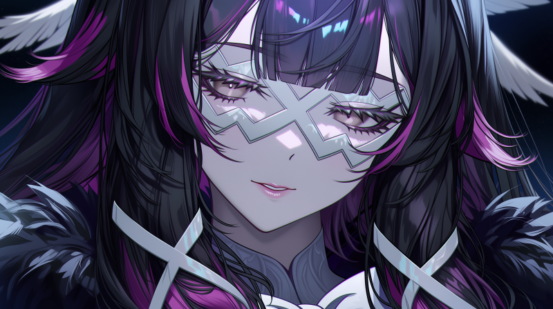 {{ Close-up of Columbina (Genshin Impact) for an ARPG 2K Quad HD PC wallpaper: masked pale face, long dark hair with purple-pink highlights, melancholic gaze and ornate costume.