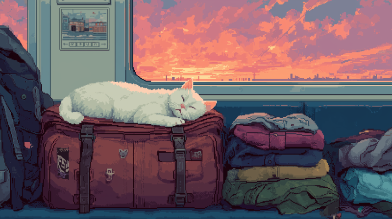 {{ AI-generated pixel art of a white cat napping on a red duffel in a train at sunset — 2K Quad HD PC desktop wallpaper/background.