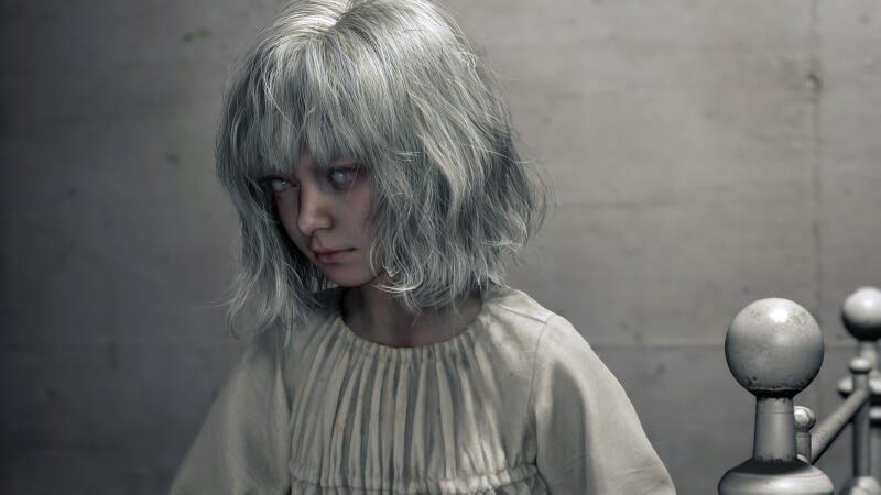 {{ Haunted pale girl with silver hair and blank stare — Emily from Resident Evil Requiem, dim bedroom scene, 4K Ultra HD PC desktop wallpaper/background. 