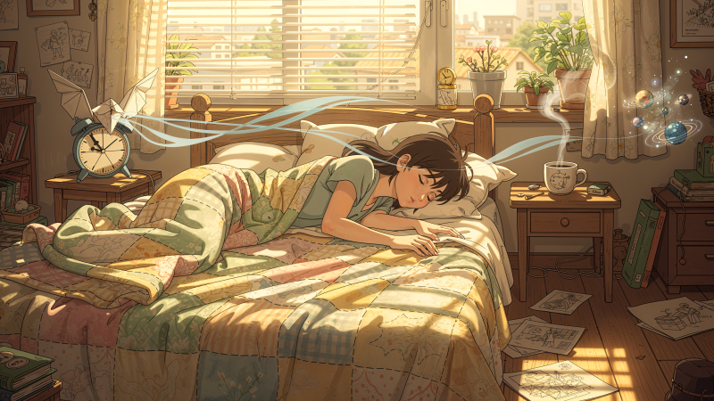 {{ Waking up — 4K Ultra HD PC desktop wallpaper of a person stretching on a sunlit bed, alarm clock and mug on the nightstand, plants and scattered papers in a cozy morning room. 