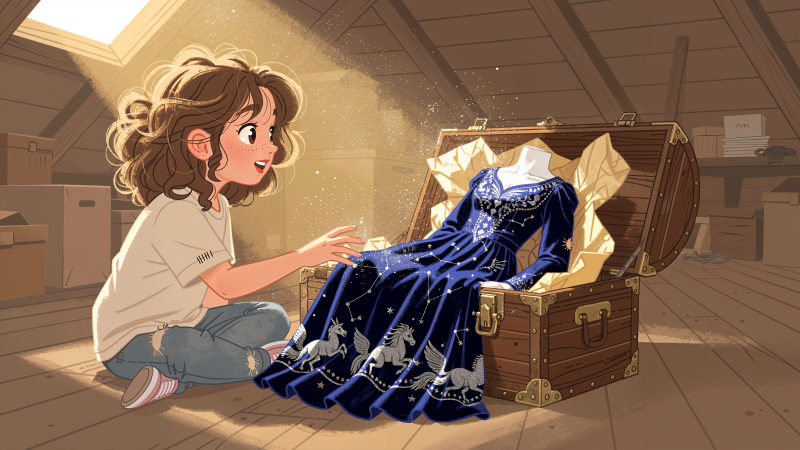 {{ 4K Ultra HD PC desktop wallpaper: a wide-eyed girl in an attic discovers a glowing navy, star-studded princess dress draped in a treasure chest, bathed in golden sunlight. 