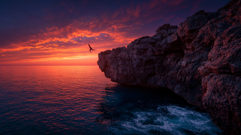{{ Silhouette jumping from a rocky cliff into the ocean at a summer sunset, vibrant orange sky and waves — 2K Quad HD PC desktop wallpaper and background. 