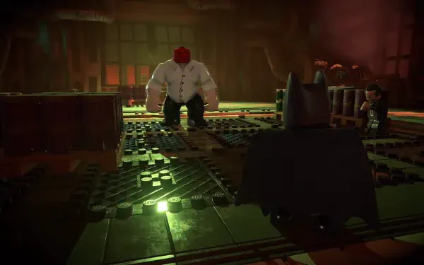 HD PC desktop wallpaper from the video game Lego Batman: Legacy of the Dark Knight — Lego Batman's silhouette confronts a hulking white-brick villain in a green-lit interior.