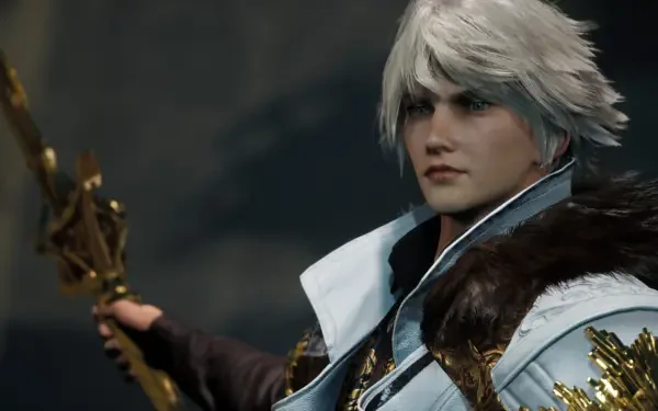 HD PC desktop wallpaper: white‑haired Lost Soul Aside character in ornate armor, holding a gilded weapon against a dark, blurred battlefield backdrop.