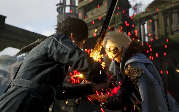 HD PC desktop wallpaper from the video game Lost Soul Aside: Clashing Swords scene with two warriors colliding blades, sparks flying against a ruined city backdrop.