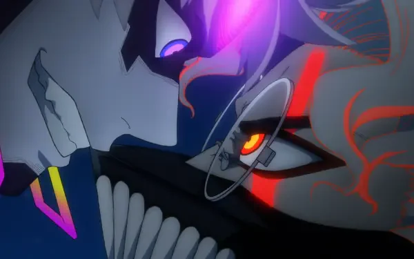 HD anime desktop wallpaper: Dandadan's Jin Enjouji close-up with a half-demonic mask, purple and orange glowing eyes, red facial markings, glasses, and a jagged toothy grin.