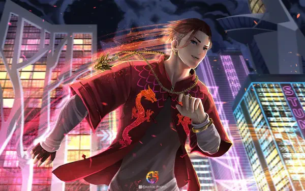 HD PC desktop wallpaper of Chou (Mobile Legends: Bang Bang): dynamic video game artwork of him in a red jacket performing a glowing martial-arts strike against a neon city background.
