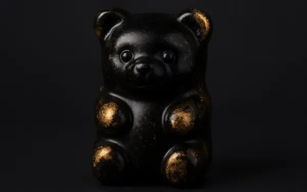HD PC desktop wallpaper/background: close-up of a glossy black gummy bear with gold-highlighted ears and paws on a dark backdrop.