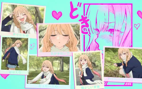 Anime collage of Marin Kitagawa from My Dress-Up Darling, smiling and posing in a pastel park montage — 4K Ultra HD PC desktop wallpaper/background.