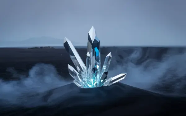 Glowing cyan crystal cluster rising from a dark, misty surface with cool blue highlights and shadows — 4K Ultra HD PC desktop wallpaper and background.