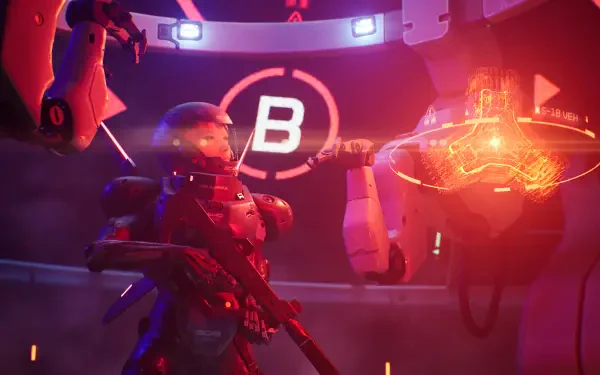 Red-hued Metal Eden video game scene: armored soldier with rifle studies a holographic map beneath a glowing B emblem — 4K Ultra HD PC desktop wallpaper/background.