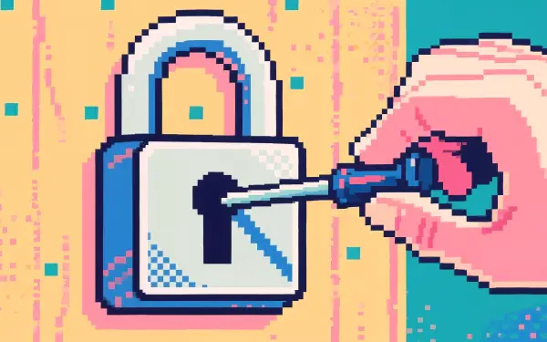 Pixel-art hand lockpicking a padlock on a colorful woodgrain backdrop — 4K Ultra HD PC desktop wallpaper & background.