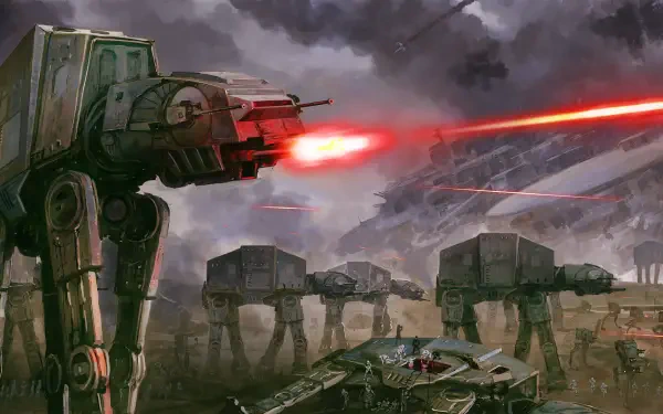 HD PC desktop wallpaper: movie Star Wars AT-AT walkers advance across a smoky battlefield as red laser beams streak through a stormy sky in a sci-fi battle.